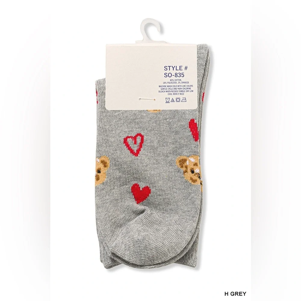NWT Zenana Black & Grey Teddy Bear Heart Crew Socks Cozy Cute Gift One Size